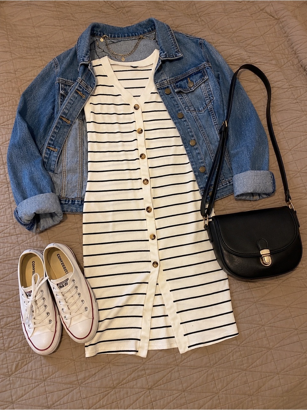 Striped Button-Front Midi Dress in White & Black